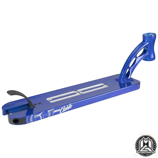 The Madd Gear MGP VX9 Blue Jordan Clark Signature Stunt Scooter Deck (4.5" x 19.5") features Jordan Clark’s logo, a black brake, silver top rails, and an angled headtube with reinforced cutout supports.