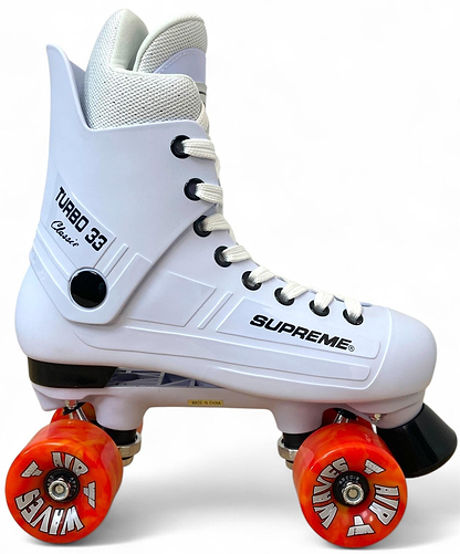 A white Supreme Turbo 33 Nylon Quad Roller Skate from Supreme, featuring "SUPREME" branding and red swirl wheels, is shown against a plain white background.