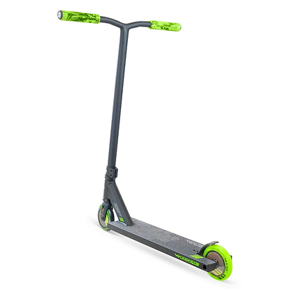 The Madd Gear MG 3 Zen Complete Stunt Scooter in Black/Lime is shown angled on a white background, featuring bright lime grips and wheels, a textured grip deck, minimalist design, and a durable one-piece steel T-bar by MGP.