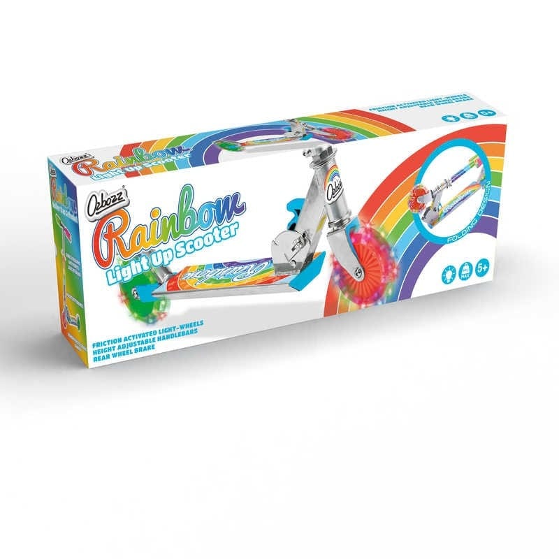 The Ozbozz Rainbow Light Up Foldable Kids Kick Scooter - Multi features colorful packaging with vibrant graphics. Its friction-activated light-up wheels and adjustable height make it ideal for children ages 5 and up.