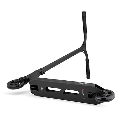 A black Drone Element 2 Feather-Light Complete Stunt Scooter lies on its side, highlighting its deck, wheels, and handlebars. The deck of the Element 2 Feather-Light boasts cutouts and a minimalist design, while the T-bar handlebars are fitted with rubber grips. This scooter features an IHC aluminum fork and dual-core wheels to ensure a smooth ride.