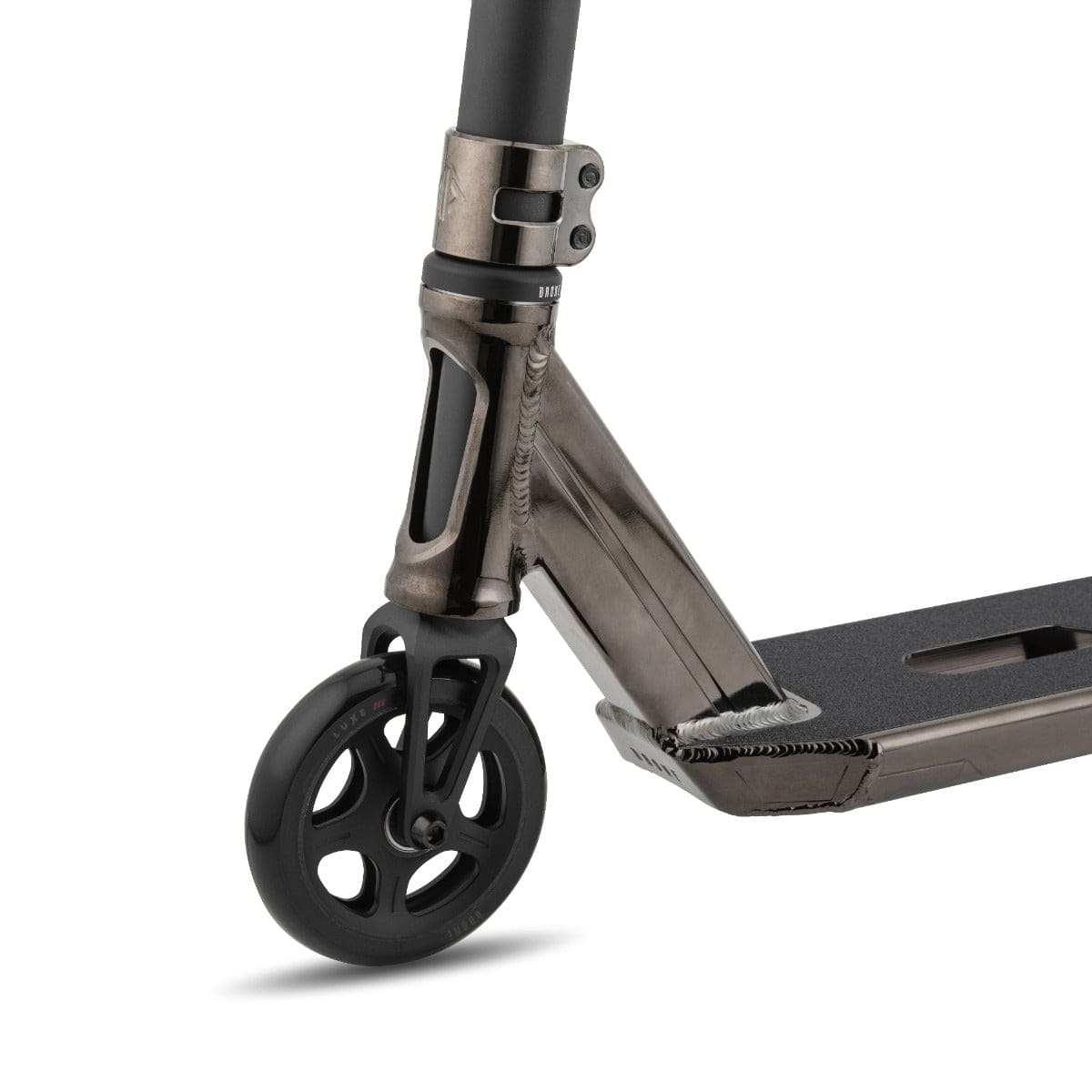 Close-up view of the front part of the Drone Element 2 Feather-Light Complete Stunt Scooter in Smoked Chrome, featuring a single black Luxe 3 Dual-Core Wheel. The textured deck offers excellent grip, and the IHC aluminum fork clamps securely to the handlebar, embodying a sleek and modern design.