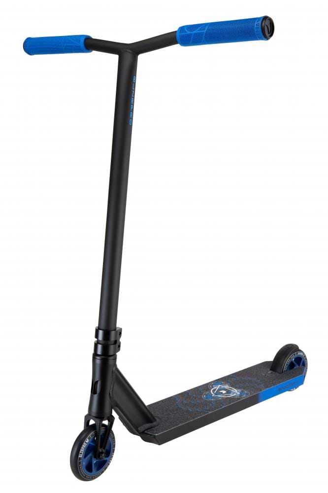 The Blazer Pro Enigma 2 Complete Stunt Scooter in black and blue, designed for beginners, features a durable T-bar handle with eye-catching blue grips. It boasts a sturdy deck adorned with a graphic design and is equipped with robust blue wheels. The scooter is showcased against a pristine white background in the photograph.