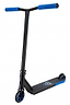 The Blazer Pro Enigma 2 Complete Stunt Scooter in black and blue, designed for beginners, features a durable T-bar handle with eye-catching blue grips. It boasts a sturdy deck adorned with a graphic design and is equipped with robust blue wheels. The scooter is showcased against a pristine white background in the photograph.