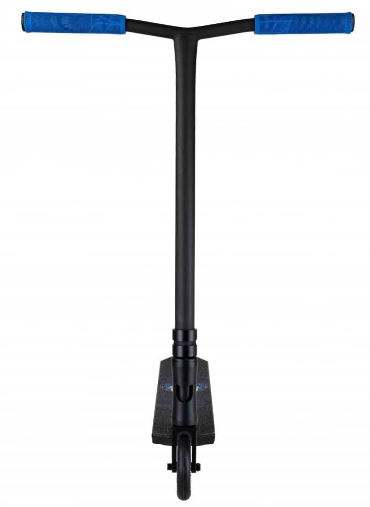 Introducing the Blazer Pro Enigma 2 Complete Stunt Scooter in black with blue accents, featuring a robust T-shaped handlebar with vibrant blue grips. The scooter's deck and front wheel showcase a sleek, minimalist design ideal for beginners aiming to ride in style.