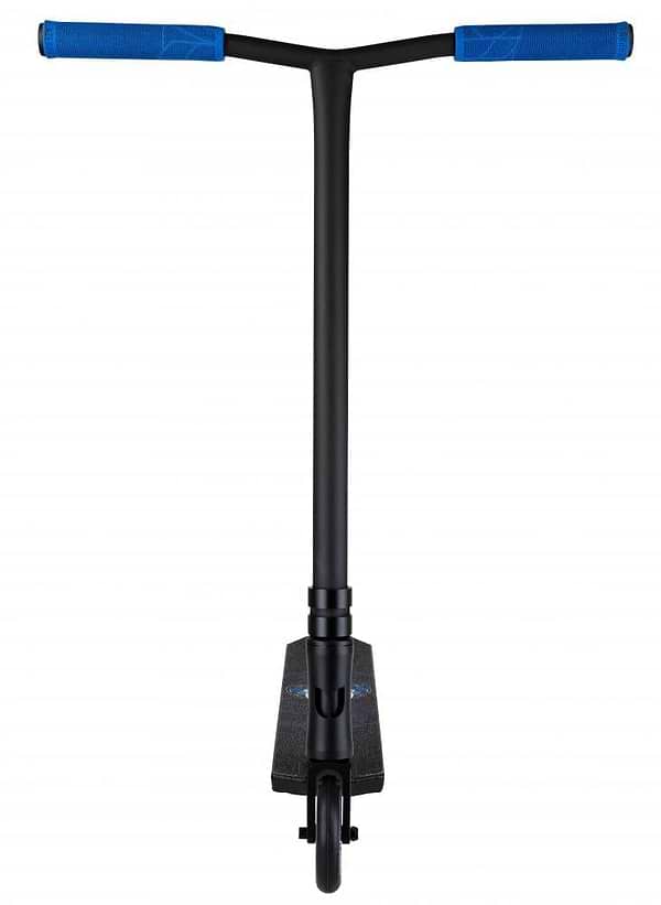 Introducing the Blazer Pro Enigma 2 Complete Stunt Scooter in black with blue accents, featuring a robust T-shaped handlebar with vibrant blue grips. The scooter's deck and front wheel showcase a sleek, minimalist design ideal for beginners aiming to ride in style.