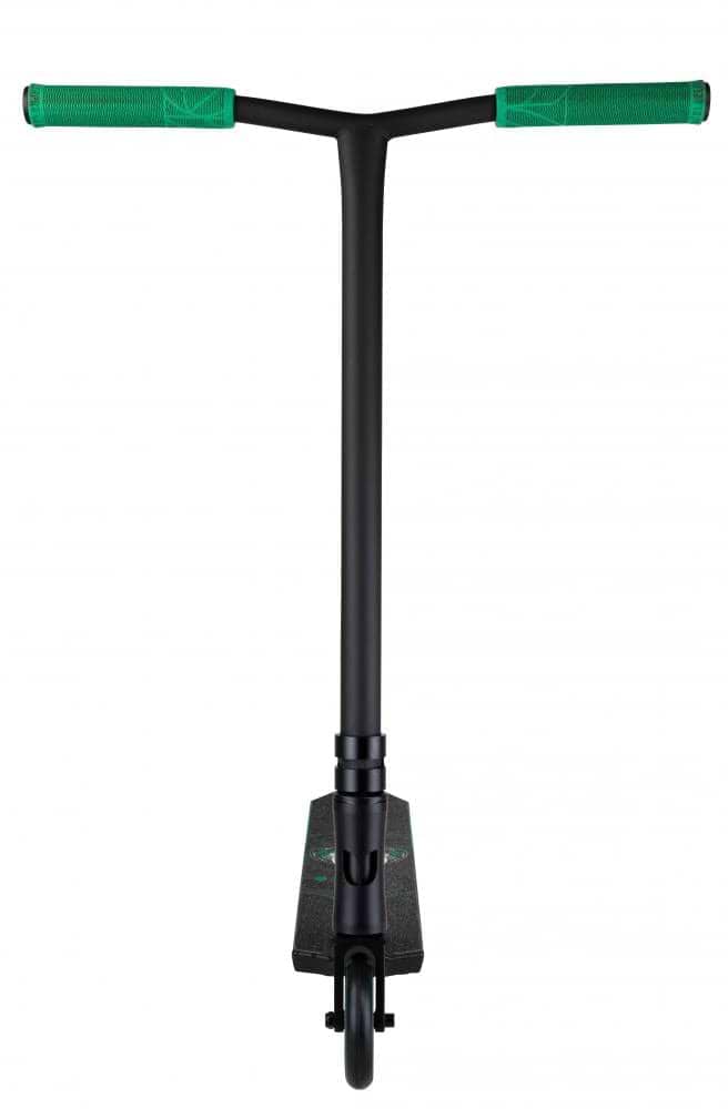 The Blazer Pro Enigma 2 Complete Stunt Scooter in black with green handle grips showcases a sleek, minimalist design and features Chromoly Steel Wing bars, making it beginner-friendly and action-ready.