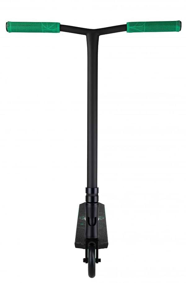 The Blazer Pro Enigma 2 Complete Stunt Scooter in black with green handle grips showcases a sleek, minimalist design and features Chromoly Steel Wing bars, making it beginner-friendly and action-ready.