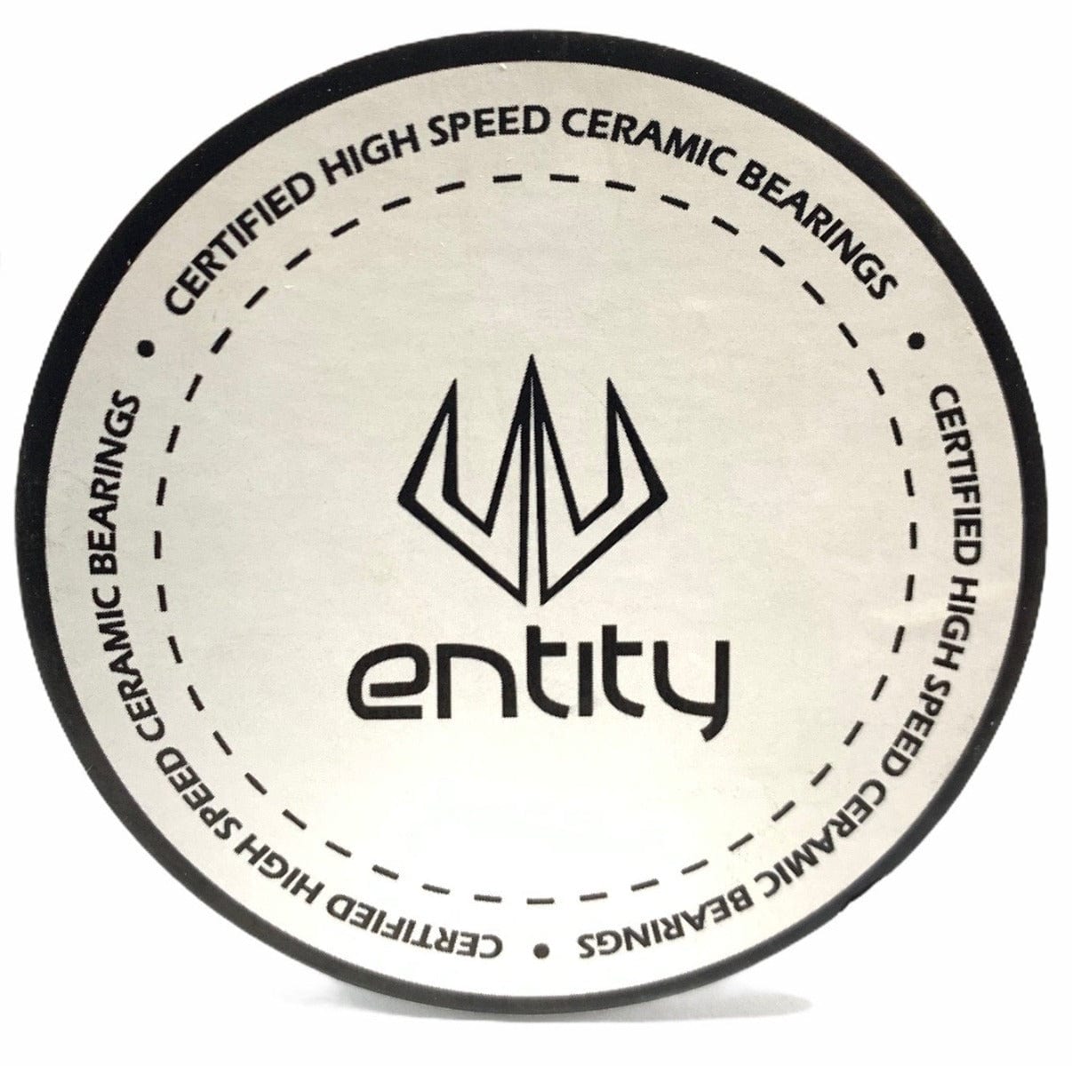 A round label displays the logo and text "Entity Certified Performance Scooter Bearings" along the edge. The logo, featuring a geometric design above "Entity," stands out on a white background with black text and border, emphasizing its high-speed ceramic bearings for superior performance. This product is the Entity Ceramic Scooter Bearings - 4 Pack by Entity.