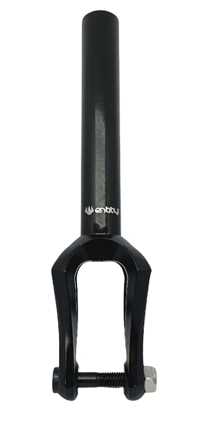 The Entity Era SCS/HIC Stunt Scooter Forks in black feature the "Entity" logo near the top and are meticulously crafted from durable 6061 aluminum. Their sleek, modern design is enhanced by sturdy construction using precision CNC machining and includes a bolt fitting at the base.