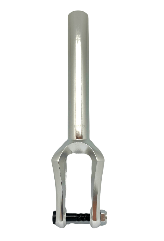 Here is a rewritten version using the product data provided:

The Entity Era IHC Stunt Scooter Forks in a raw finish showcase a polished silver appearance and are constructed from lightweight aluminum. Featuring a straight steerer tube and dropouts at the bottom, these forks are precision-crafted with CNC machining, complete with a visible bolt and nut to secure the wheel axle. The fork is showcased against a white background.