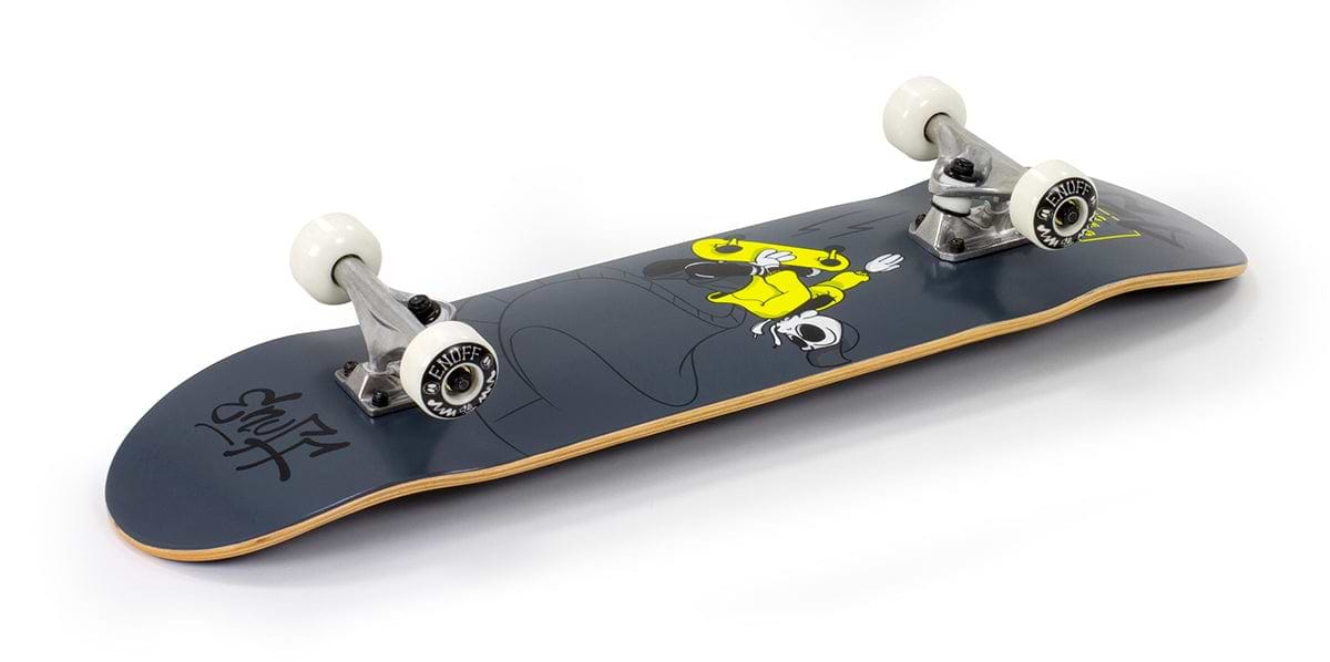 The Enuff Skully Black Mini Complete Skateboard - 7.25" x 29.5" features a dark design with a cartoon penguin graphic on its deck. It is constructed from 7-ply maple, making it perfect for beginners, and includes silver trucks and white wheels, all set against a clean white background.
