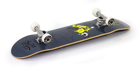 The Enuff Skully Black Mini Complete Skateboard - 7.25" x 29.5" features a dark design with a cartoon penguin graphic on its deck. It is constructed from 7-ply maple, making it perfect for beginners, and includes silver trucks and white wheels, all set against a clean white background.