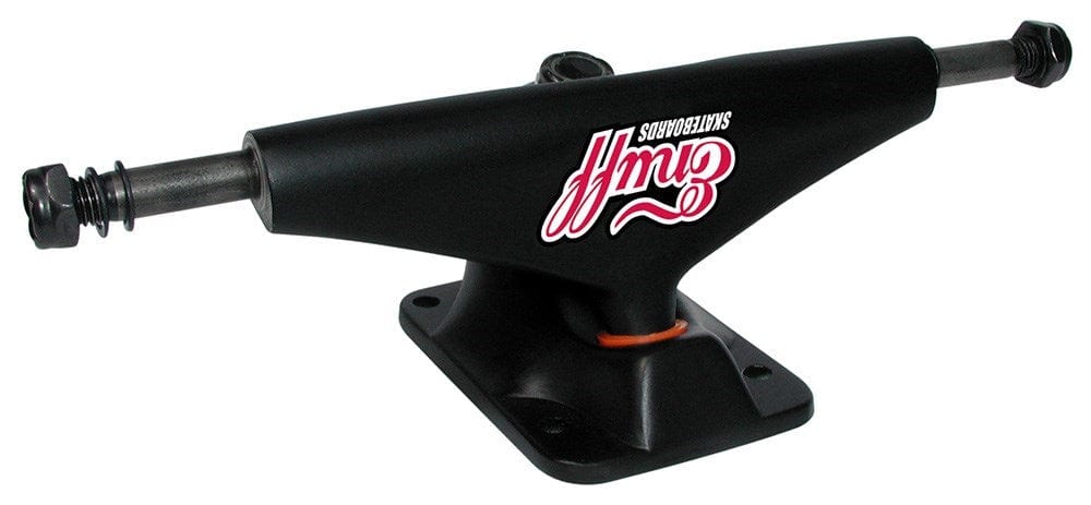 The Enuff 306 Low Black Skateboard Trucks, sized at 139mm and sold as a pair, boast a sleek and lightweight design. Featuring red and white "Slam" and "Sk8boards" branding on their sides, they are equipped with a metallic axle and an orange bushing. This low-profile product by Enuff really stands out against a plain background.