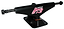 The Enuff 306 Low Black Skateboard Trucks, sized at 139mm and sold as a pair, boast a sleek and lightweight design. Featuring red and white "Slam" and "Sk8boards" branding on their sides, they are equipped with a metallic axle and an orange bushing. This low-profile product by Enuff really stands out against a plain background.