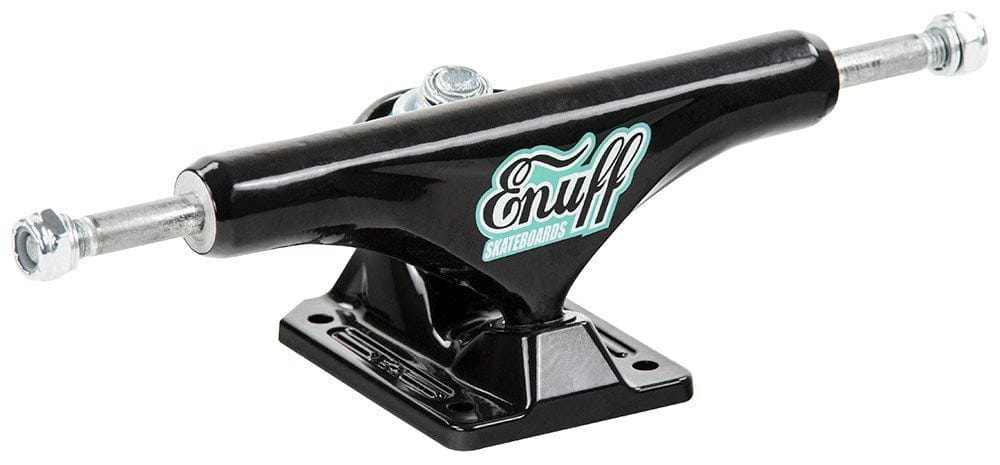Detailed view of an Enuff Decade Pro Black Skateboard Truck, highlighting its premium craftsmanship with "Enuff" displayed in white and blue lettering. The truck includes silver axles and a durable baseplate, set against a plain white background.