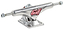 A close-up image of a silver skateboard truck showcasing the "Enuff" brand in red, highlighting the Enuff Decade Pro Silver Skateboard Trucks (Pair) - 129mm design for enhanced turning and control.