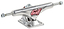 Close-up of a premium Enuff Decade Pro Silver Skateboard Truck, showcasing the pristine finish and iconic Enuff logo in red. Engineered for exceptional turning performance, this metal truck measures 139mm and is securely attached to a rectangular base.