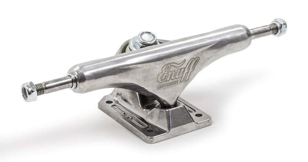 Crafted by Enuff, the Enuff Decade Pro Satin Silver Skateboard Trucks (Pair) - 139mm showcase a sleek satin finish. T4 heat treated for enhanced durability, their clean and metallic sheen is beautifully captured against a plain white background.