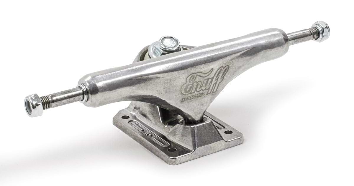 The Enuff Decade Pro Satin Silver Skateboard Trucks, measuring 149mm and featuring a satin finish, stand out against a white background. They prominently display the "Enuff" brand name along with detailed laser-etched logos engraved at the center.