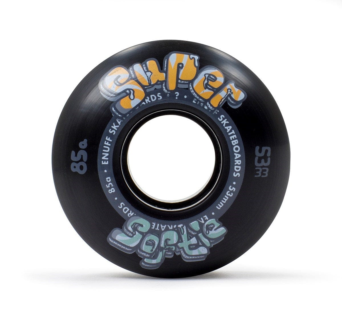 The black Enuff Super Softie skateboard wheel features vibrant text and promises an ultra-smooth ride. With a 53mm diameter and an 85A hardness rating, it's ideal for skaters who prioritize both style and comfort. The product is showcased against a plain white background.