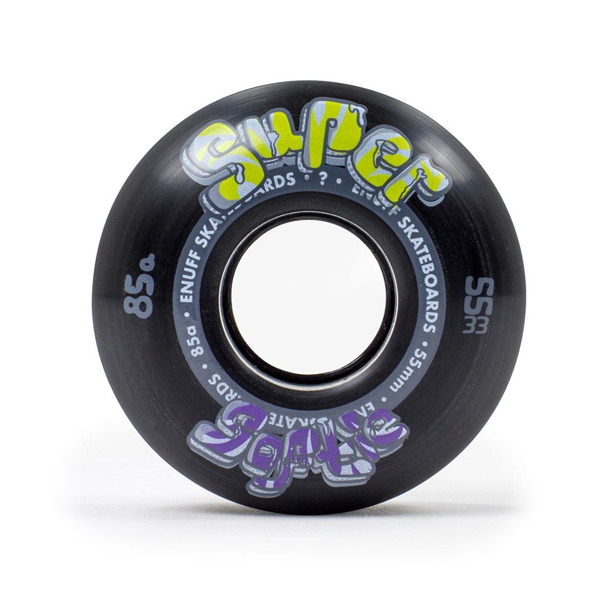 A close-up image of a skateboard wheel highlights the sleek design of Enuff Super Softie 55mm 85A Skateboard Wheels. The black wheel is adorned with vibrant "Super Soft" text in yellow and purple, showcasing the "85A compound," alongside "55mm" and the brand name "Enuff Skateboards" printed in white around its edge.
