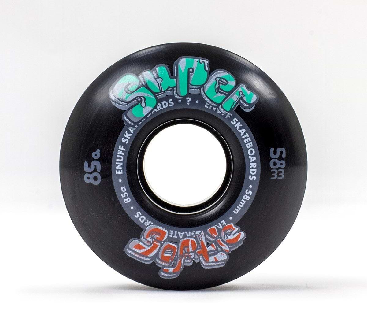 A black Enuff Super Softie 58mm 85A Skateboard Wheel features vivid graffiti-style text that reads "Super Soft 85a" and "Enuff Skateboards," set in a stylish font. The unique 85A compound of this wheel is perfectly highlighted against a plain white backdrop.