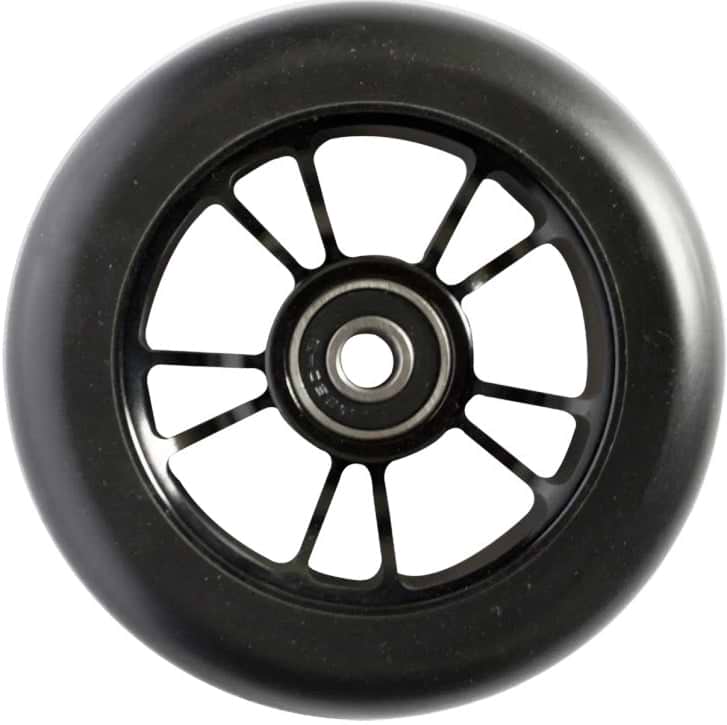 A close-up of the Blunt Envy 100mm Stunt Scooter Wheel in Black/Black, featuring a metal core with multiple spokes and an ABEC 9 bearing, shown against a white background.