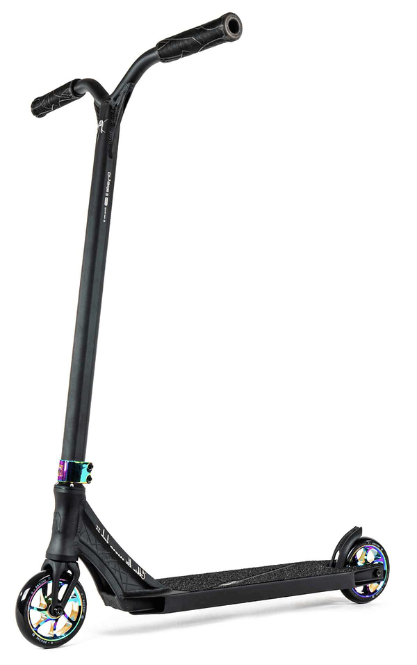 An Ethic DTC Erawan V2 Complete Stunt Scooter (M) in Neochrome, known for its sleek design, showcases a T-shaped handlebar, vivid holographic wheel cores, and a textured deck for grip. Featuring IHC compression, the scooter is presented against a plain white background.