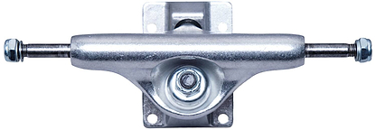 Close-up of the Essentials Silver Skateboard Trucks (Pair) - 139mm, showcasing a metal axle with a central bolt and nuts at each end. The cast aluminium hanger is mounted on a flat metallic base, ensuring durability and precision in every ride.