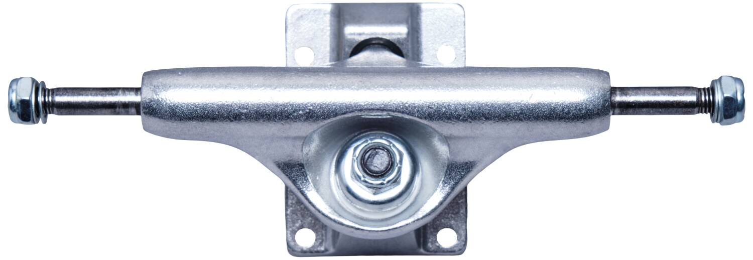 A close-up image of the Essentials Silver Skateboard Truck from their 133mm pair highlights the aluminum hanger with centered axle and washers on both ends. The prominent bolt in the middle integrates smoothly with 90A bushings, ensuring a smooth ride when fitted to a skateboard deck.