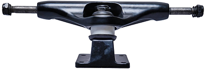 Close-up of the Essentials Black Skateboard Trucks, featuring metal axles and an aluminum hanger, highlighting the 90A bushings and mounting plate. The 144mm skateboard truck is centered against a plain white background.