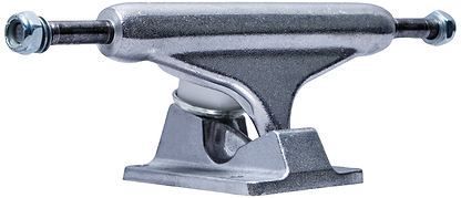 A close-up view of the Essentials Silver Skateboard Trucks (Pair) - 139mm by Essentials, featuring a shiny metallic finish. The skateboard trucks are displayed horizontally, highlighting the baseplate, cast aluminum hanger, and axles with nuts on each end.