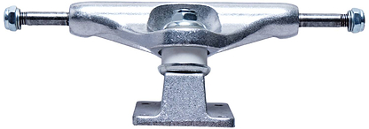 A detailed image highlights the Essentials Silver Skateboard Truck from the 139mm pair, revealing its sleek metallic finish along with visible nuts and bolts. The cast aluminum hanger shines brightly, while the baseplate rests beneath and the axle stretches out horizontally on each side.