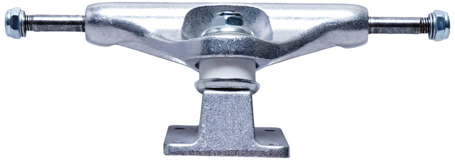 The Essentials Silver Skateboard Trucks have a shiny metallic finish and feature 90A bushings, with a durable aluminum hanger centered against a plain white background.