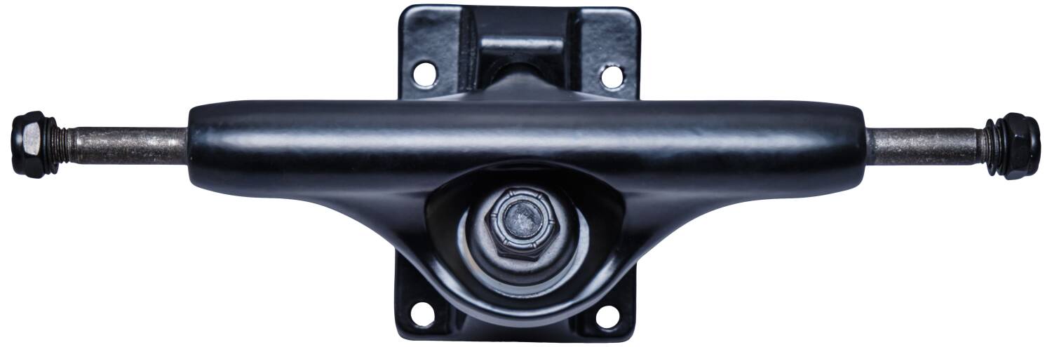 A close-up of the Essentials Black Skateboard Truck from the 144mm pair, showcasing its aluminum hanger, baseplate, and kingpin with 90A bushings, all positioned horizontally against a white background.
