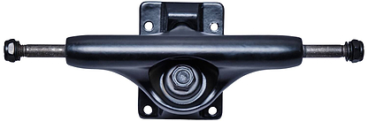 A close-up of the Essentials Black Skateboard Truck from the 144mm pair, showcasing its aluminum hanger, baseplate, and kingpin with 90A bushings, all positioned horizontally against a white background.