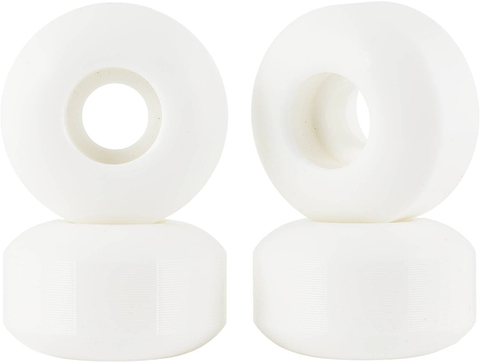 A set of four white Essentials Skinny 54mm 95A Skateboard Wheels are neatly stacked in two pairs. Each wheel is distinguished by its smooth surface and central circular opening, renowned for exceptional handling. Set against a plain white backdrop, the quality design of these Essentials wheels stands out prominently.