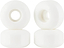A set of four white Essentials Skinny 54mm 95A Skateboard Wheels are neatly stacked in two pairs. Each wheel is distinguished by its smooth surface and central circular opening, renowned for exceptional handling. Set against a plain white backdrop, the quality design of these Essentials wheels stands out prominently.
