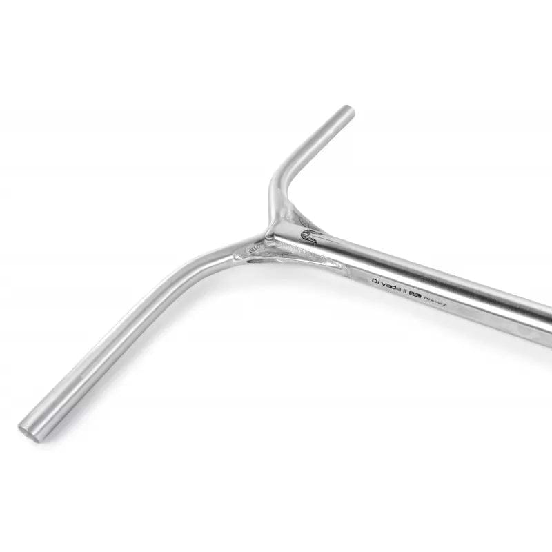 The Ethic DTC Dryade V2 Aluminium ICS/IHC Stunt Scooter Bars, crafted from lightweight aluminum and measuring 670mm x 560mm, feature a sleek, raw design. With their smooth, reflective finish and central clamp area for specifications, these bars offer an ergonomic grip and modern elegance perfect for riders who appreciate both style and comfort.