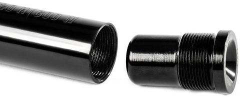 The Ethic DTC Handlebar Balance Point Modulation - 150g by Ethic is displayed on a white background, featuring a black metal pipe with internal threads beside a matching black threaded cap, perfect for use as a scooter bar end or in Ethic DTC setups.