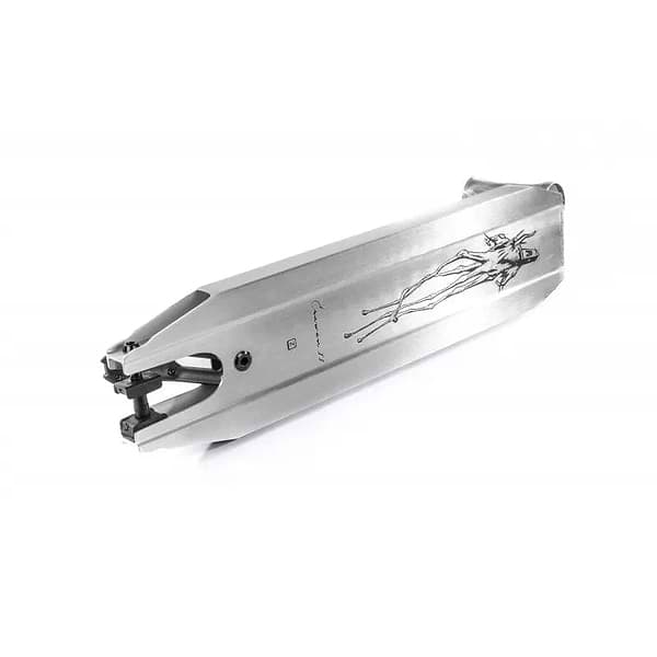 The Ethic DTC Erawan V2 Brushed Silver Stunt Scooter Deck, measuring 4.72" x 19.7", is a sleek, metallic scooter deck crafted from 6065 aluminum. Its futuristic design features angular lines that exude precision engineering and style. Lightweight and compact, it perfectly balances aesthetics with high performance on the ramps.