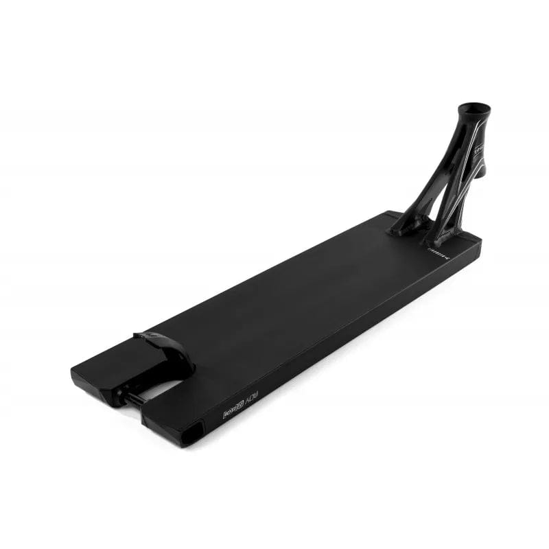 The Ethic DTC Lindworm V4 Black Stunt Scooter Deck, measuring 6.2" x 23.6", boasts a sleek design tailored for street riders. It offers a flat, rectangular platform with a reinforced neck for securing handlebars, providing a smooth and durable surface ideal for high-performance riding.