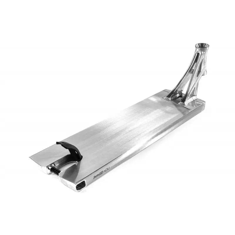 Designed for street riders, the Ethic DTC Lindworm V4 Raw Silver Stunt Scooter Deck features a sleek silver metallic finish and smooth surface. This streamlined deck includes a stylish rear fender and is presented on a white background, measuring 6.2" x 23.6".