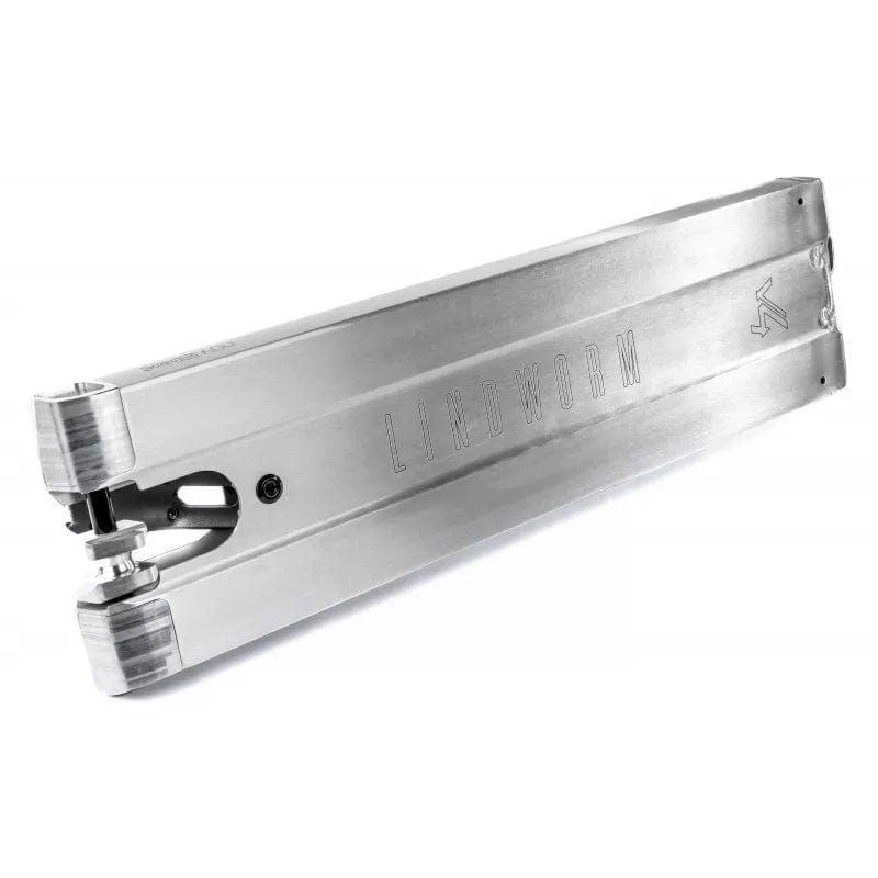 A side-view image showcases the Ethic DTC Lindworm V4 Raw Silver Stunt Scooter Deck, tailored for street riders. This deck features engraved "LINDWORM V4" text along its sleek, metallic finish. It measures 6.2" x 22", includes mounting holes at one end, and presents a smooth, flat surface.