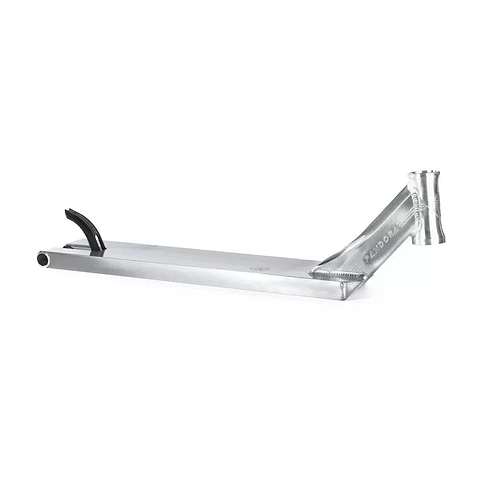 The Ethic DTC Pandora Raw Silver Stunt Scooter Deck - 5.1" x 20.5", showcases a silver deck with an integrated head tube and black kickstand against a white background. Its sleek, minimalist design highlights the polished finish of the metal, resembling the style of the Ethic series.