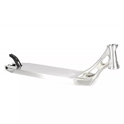 The Ethic DTC Vulcain V2 12 STD Raw Silver Stunt Scooter Deck by Ethic provides a versatile and sleek deck with a polished finish. It showcases geometric cut-outs near the head tube and features a black brake at the rear, enhanced by its advanced 12 STD bearing system to ensure smooth performance.