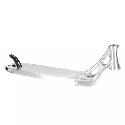 Introducing the Ethic DTC Vulcain V2 12 STD Raw Silver Stunt Scooter Deck, a stylish deck with a futuristic design. This versatile scooter deck features polished surfaces and intricate cutouts near the headtube, along with a 12 STD bearing system for improved stability and control, complemented by a rear-end grip.