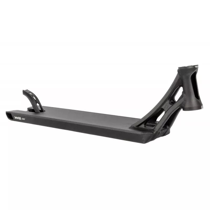 The Ethic DTC Vulcain V2 Boxed 12 STD Black Stunt Scooter Deck, measuring 5.5" x 22.8", is a sleek and durable freestyle deck with an integrated neck and headtube design. Ideal for trick riding, it includes cutout sections to reduce weight and supports the robust 12 STD bearing system.