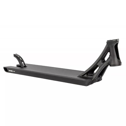 The Ethic DTC Vulcain V2 Boxed 12 STD Black Stunt Scooter Deck, measuring 5.5" x 22.8", is a sleek and durable freestyle deck with an integrated neck and headtube design. Ideal for trick riding, it includes cutout sections to reduce weight and supports the robust 12 STD bearing system.